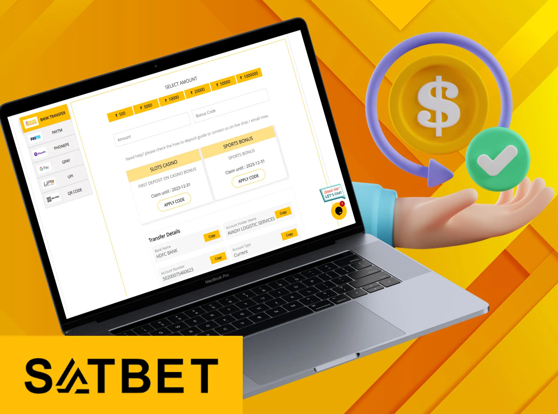 Choose preferred payment system for Satbet affiliate transactions.