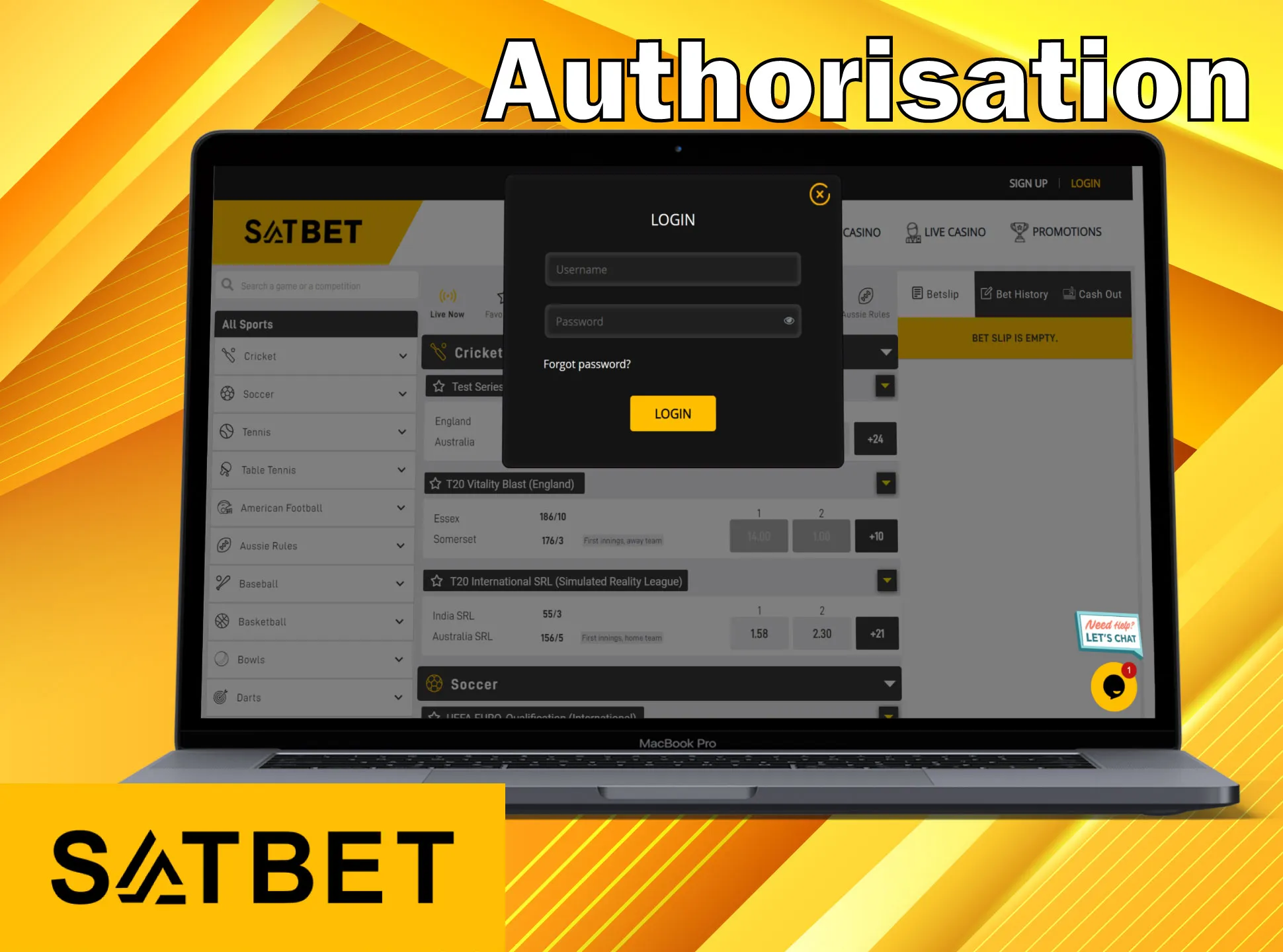 Log in using your Satbet account.