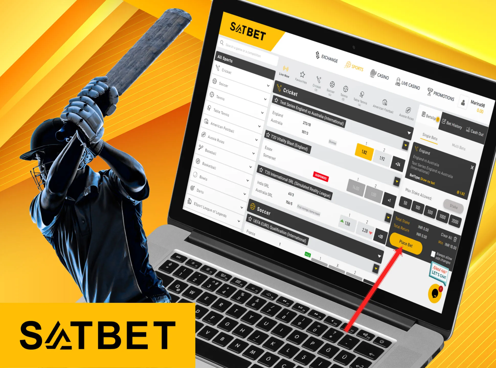 Choose a cricket match you want to bet on and make a bet at the Satbet.